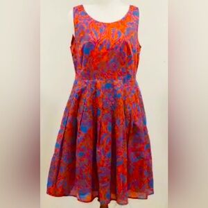 Talbots pleated orange and blue floral sleeveless dress in size 4 with lining.